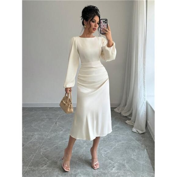 Elegant Solid Color Lantern Sleeve Dress, Spring & Autumn
